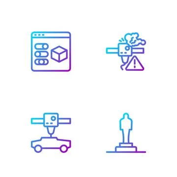 Set line 3D printer model, car,  and warning. Gradient color icons. Vector 库存插图