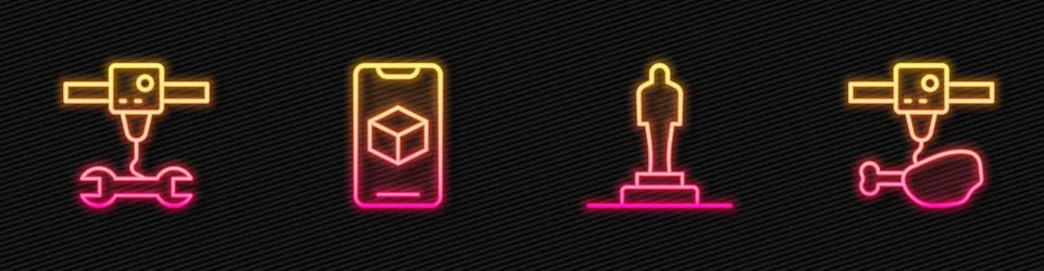 Set line 3D printer model, wrench spanner, software and chicken leg. Glowin.. Ilustração Stock
