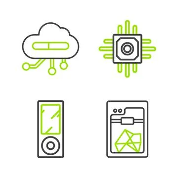 Set line 3D printer, Music player, Processor and Internet of things icon. V.. Stock Illustration