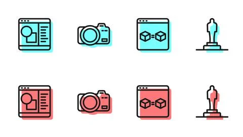 Set line 3D printer perfect copy, software, Photo camera and model icon. Vector Ilustração Stock