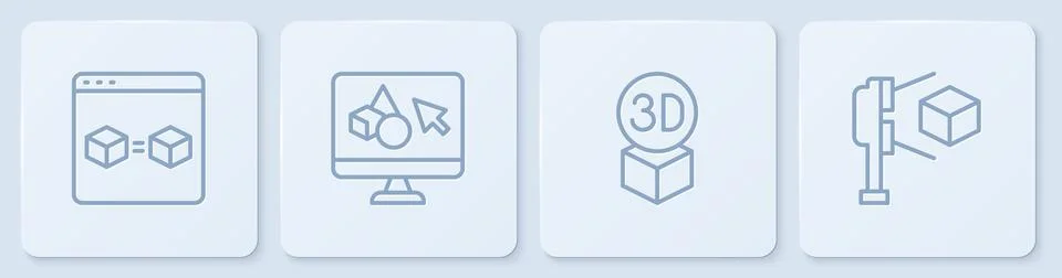 Set line 3D printer perfect copy, Isometric cube, software and scanner with Ilustração Stock
