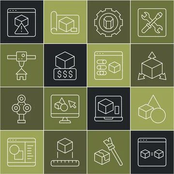 Set line 3D printer perfect copy, Basic geometric shapes, Isometric cube Stock Illustration