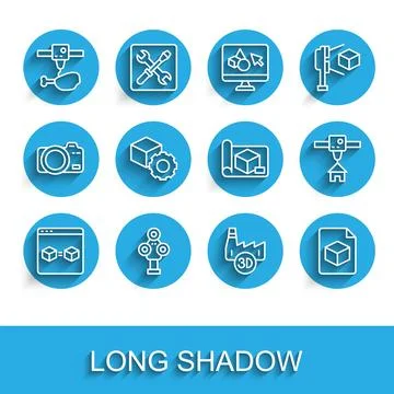 Set line 3D printer perfect copy, scanner, chicken leg, Printing house industry Stock Illustration