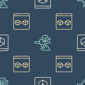 Set line 3D printer, perfect copy and warning on seamless pattern. Vector Illustrazione stock