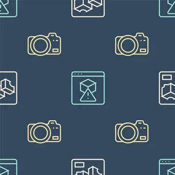 Set line 3D printer, Photo camera and on seamless pattern. Vector Illustrazione stock