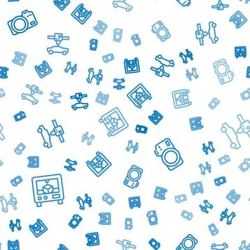 Set line 3D printer, Photo camera and car on seamless pattern. Vector Stock Illustration