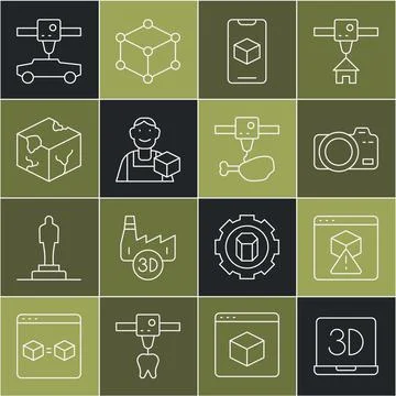 Set line 3D printer, Photo camera, software, Graphic designer, Isometric cube Ilustração Stock
