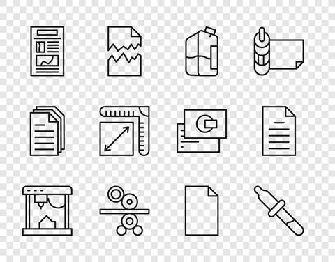 Set line 3D printer, Pipette, Printer ink bottle, Paper roll of printing press Stock Illustration