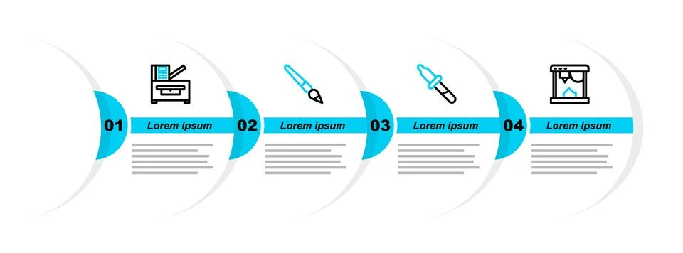 Set line 3D printer, Pipette, Paint brush and Copy machine icon. Vector Stock Illustration