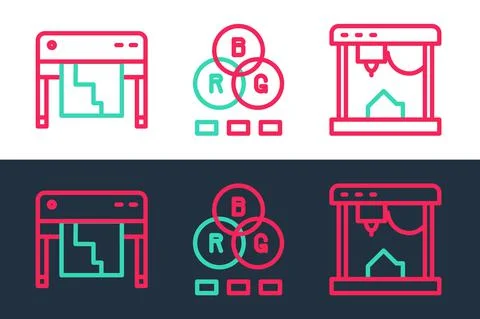 Set line 3D printer, Plotter and RGB color mixing icon. Vector Illustrazione stock