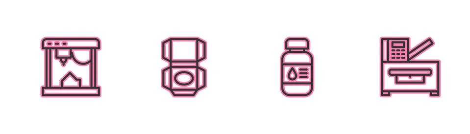 Set line 3D printer, Printer ink bottle, Carton cardboard box and Copy machine Stock Illustration