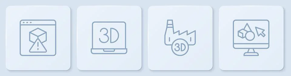 Set line 3D printer, Printing house industry,  and software. White square b.. Ilustração Stock