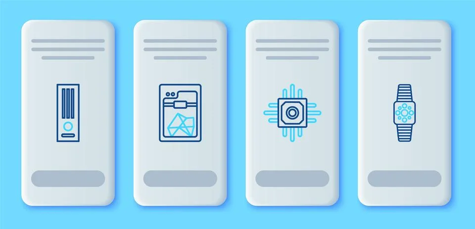 Set line 3D printer, Processor, Video game console and Smartwatch icon. Vector Stock Illustration