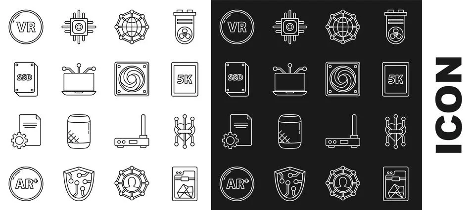 Set line 3D printer, Processor, Tablet with text 5k, Global technology social Stockillustratie