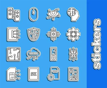 Set line 3D printer, Processor, Virtual reality, Cyber security, Tablet, Ga.. Illustrazione stock