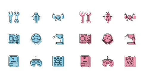 Set line 3D printer, Remote control, Spanner, Global technology or social 스톡 일러스트