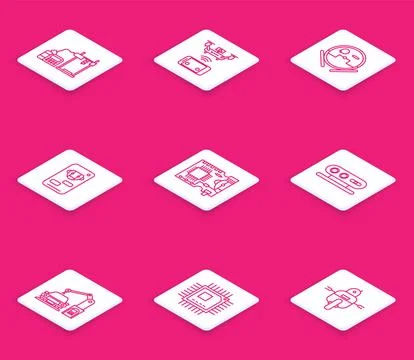 Set line 3D printer, Robot vacuum cleaner, Bot, Printed circuit board PCB, 3d Illustrazione stock