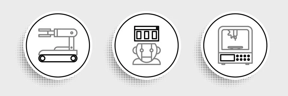 Set line 3D printer, Robot and icon. Vector Stock Illustration