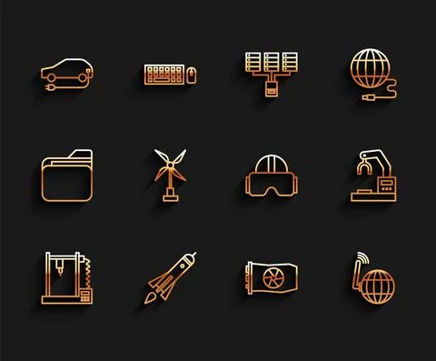 Set line 3D printer, Rocket ship with fire, Electric car, Video graphic card Illustrazione stock