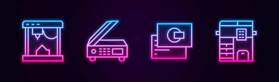 Set line 3D printer, Scanner, Business card and Copy machine. Glowing neon icon Stock Illustration