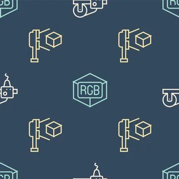 Set line 3D printer, scanner with cube and RGB and CMYK color mixing on seamless 스톡 일러스트