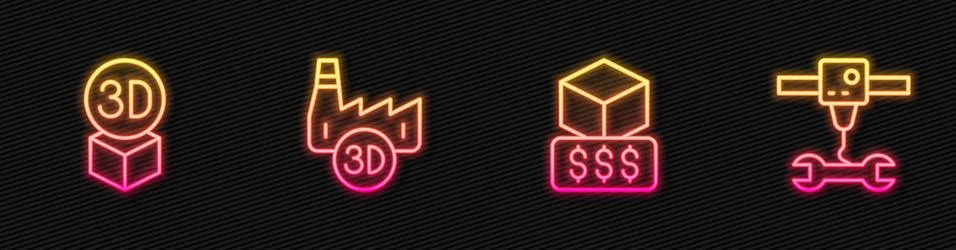 Set line 3D printer services, Isometric cube, Printing house industry and wrench Stock Illustration