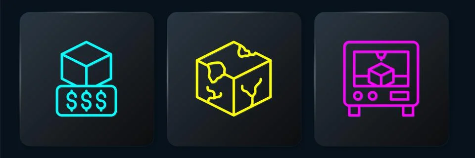 Set line 3D printer services, and Isometric cube. Black square button. Vector Stock Illustration