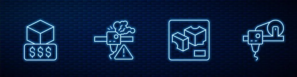 Set line 3D printer, services, warning and . Glowing neon icon on brick wall Stock Illustration