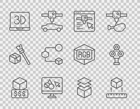 Set line 3D printer services, Isometric cube, setting, software, Layers and Ilustração Stock