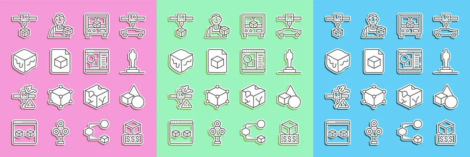 Set line 3D printer services, Basic geometric shapes, model, Isometric cube file Illustrazione stock