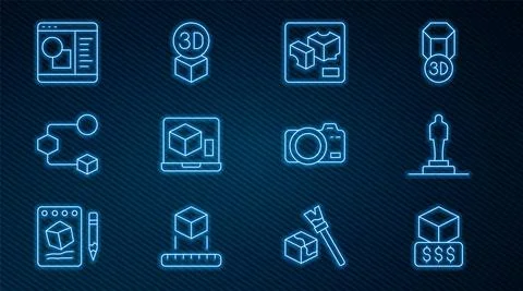 Set line 3D printer services, model, Isometric cube, software, Photo camera and Ilustração Stock