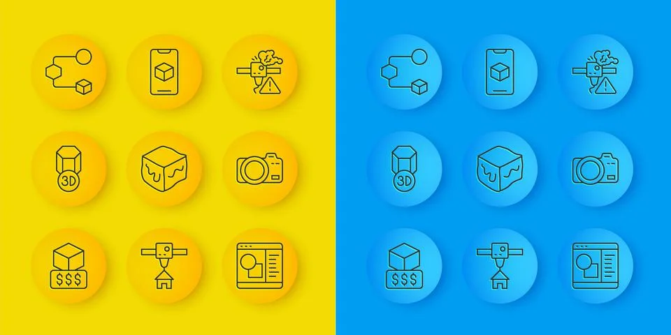 Set line 3D printer services, Isometric cube, software, Photo camera, warning Ilustração Stock