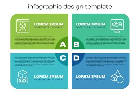 Set line 3D printer services, , Basic geometric shapes and software. Business Ilustração Stock
