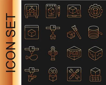 Set line 3D printer services, Isometric cube, Filament for, house,  and  ic.. Stock Illustration