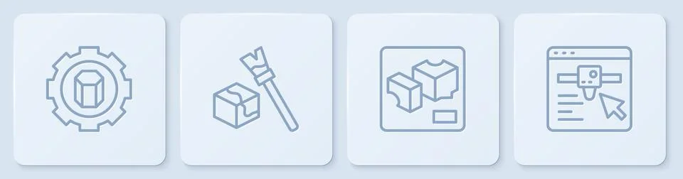 Set line 3D printer setting, , Isometric cube and . White square button. Vector Stock Illustration