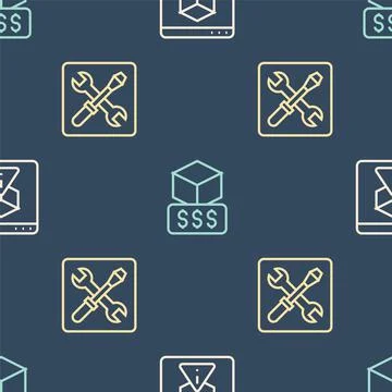 Set line 3D printer, setting and services on seamless pattern. Vector Stock Illustration