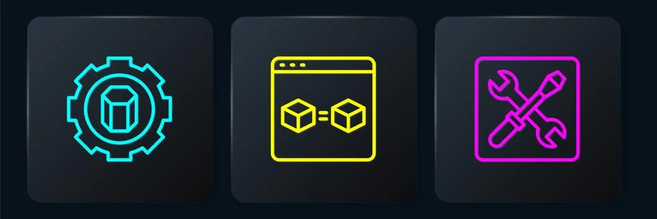 Set line 3D printer setting, and perfect copy. Black square button. Vector Illustrazione stock