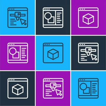 Set line 3D printer setting, and software icon. Vector Stock Illustration