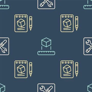 Set line 3D printer setting, Sketch on paper and Isometric cube on seamless Stock Illustration