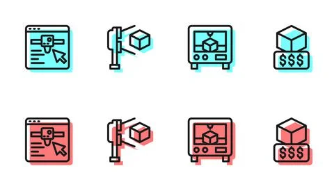 Set line 3D printer, setting, scanner with cube and services icon. Vector Stock Illustration