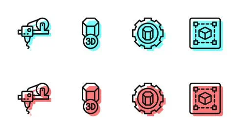 Set line 3D printer setting, , and Geometric figure Cube icon. Vector Stock Illustration
