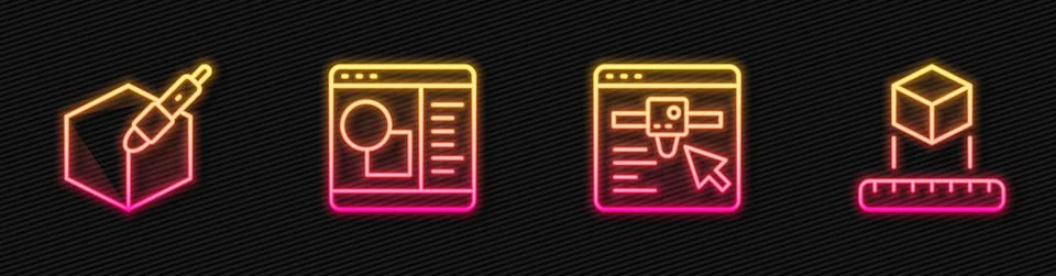 Set line 3D printer setting, 3d pen tool, software and Isometric cube. Glowing Ilustração Stock