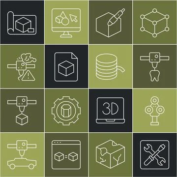 Set line 3D printer setting, scanner, tooth, 3d pen tool, Isometric cube file Stock Illustration