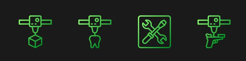 Set line 3D printer setting, cube, tooth and gun. Gradient color icons. Vector Stock Illustration