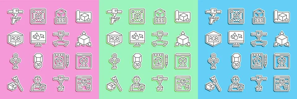 Set line 3D printer setting, Isometric cube, services, software, RGB and CMYK Ilustração Stock