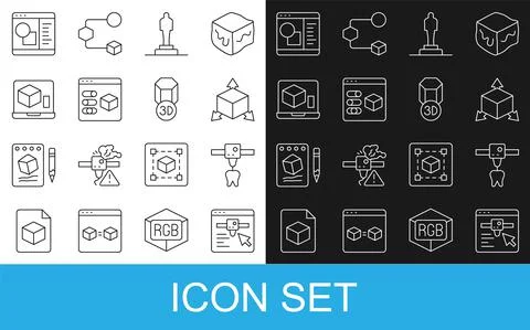 Set line 3D printer setting, tooth, Isometric cube, model, software and icon Ilustração Stock
