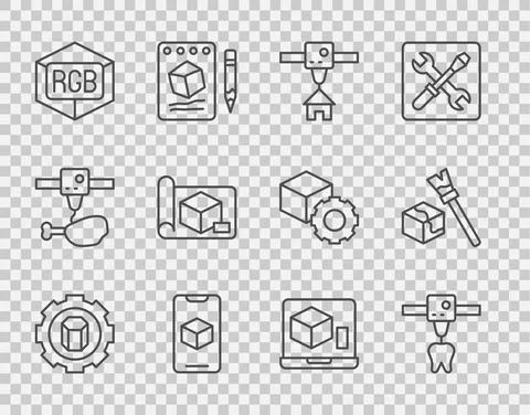 Set line 3D printer setting, tooth, house, software, RGB and CMYK color mixing Ilustração Stock