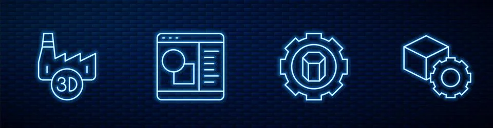Set line 3D printer setting, Printing house industry, software and Isometric Ilustração Stock