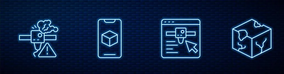 Set line 3D printer setting, warning, software and Isometric cube. Glowing neon Stock Illustration