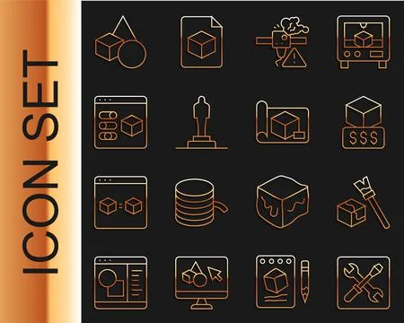 Set line 3D printer setting, Isometric cube, services, warning, model, Basic Stock Illustration